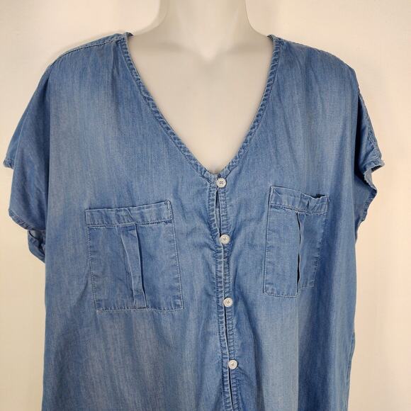 Maurices Top Womens Chambray Large Blue Button Front V Neck Pockets Short Sleeve - Picture 6 of 10